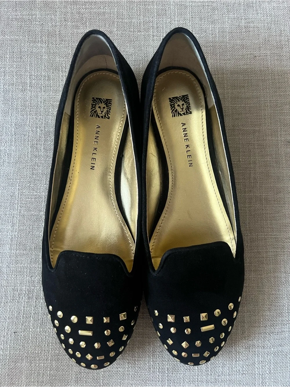 Anne Klein women’s dressy office Black leather gold Studded Loafer flats, 6.5